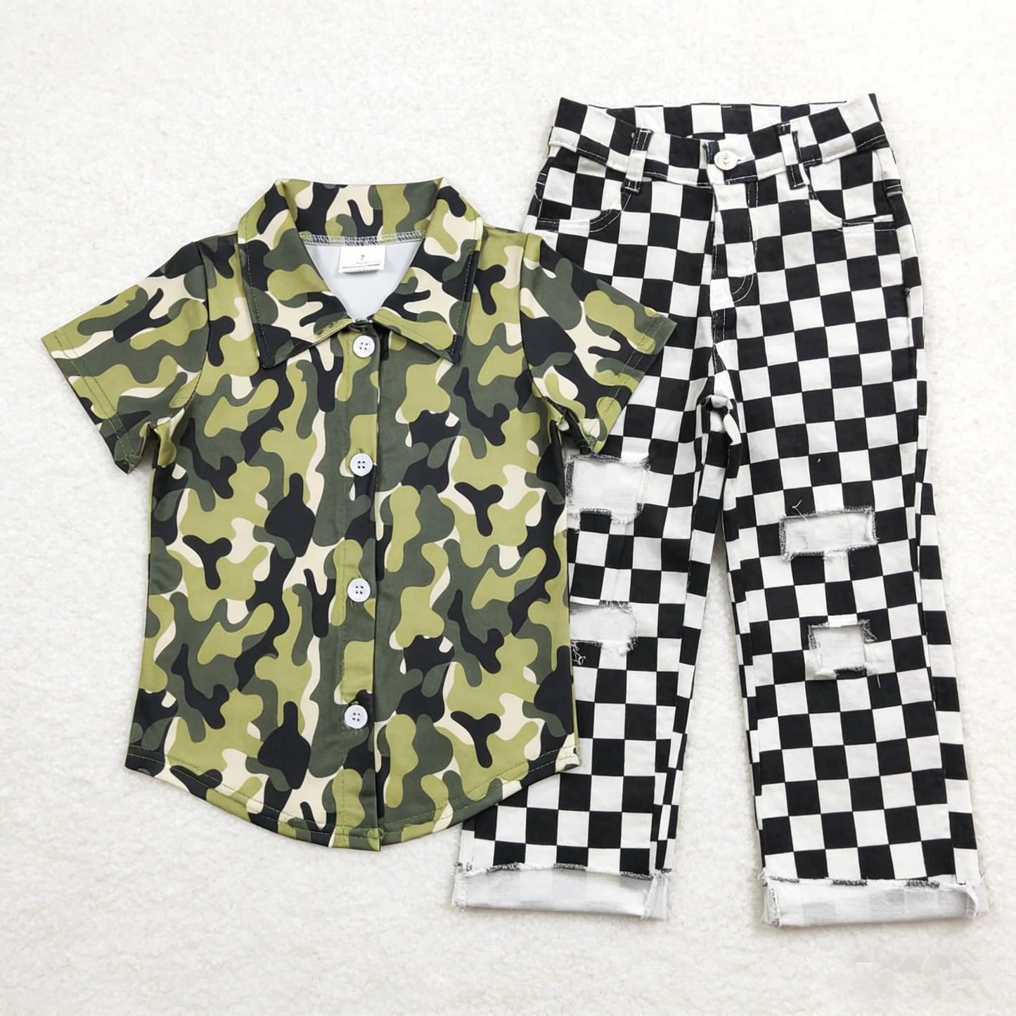 Baby Boys Kids Short Sleeves Camo Buttons Shirt Black Checked Denim Jeans Pants Set RTS