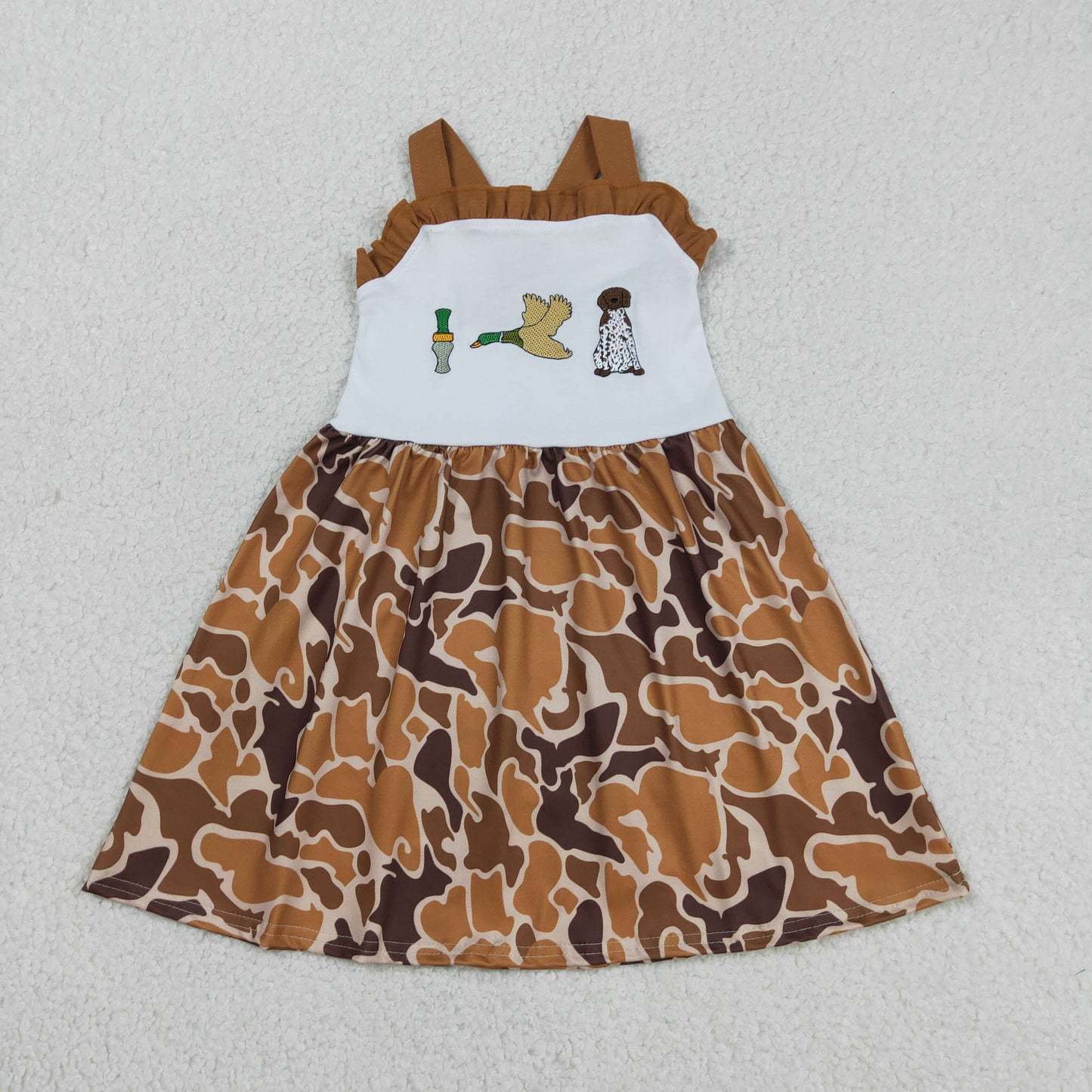 Baby Girl Sleeveless Embroidery Duck Call Dog Camo Knee Length Dress RTS