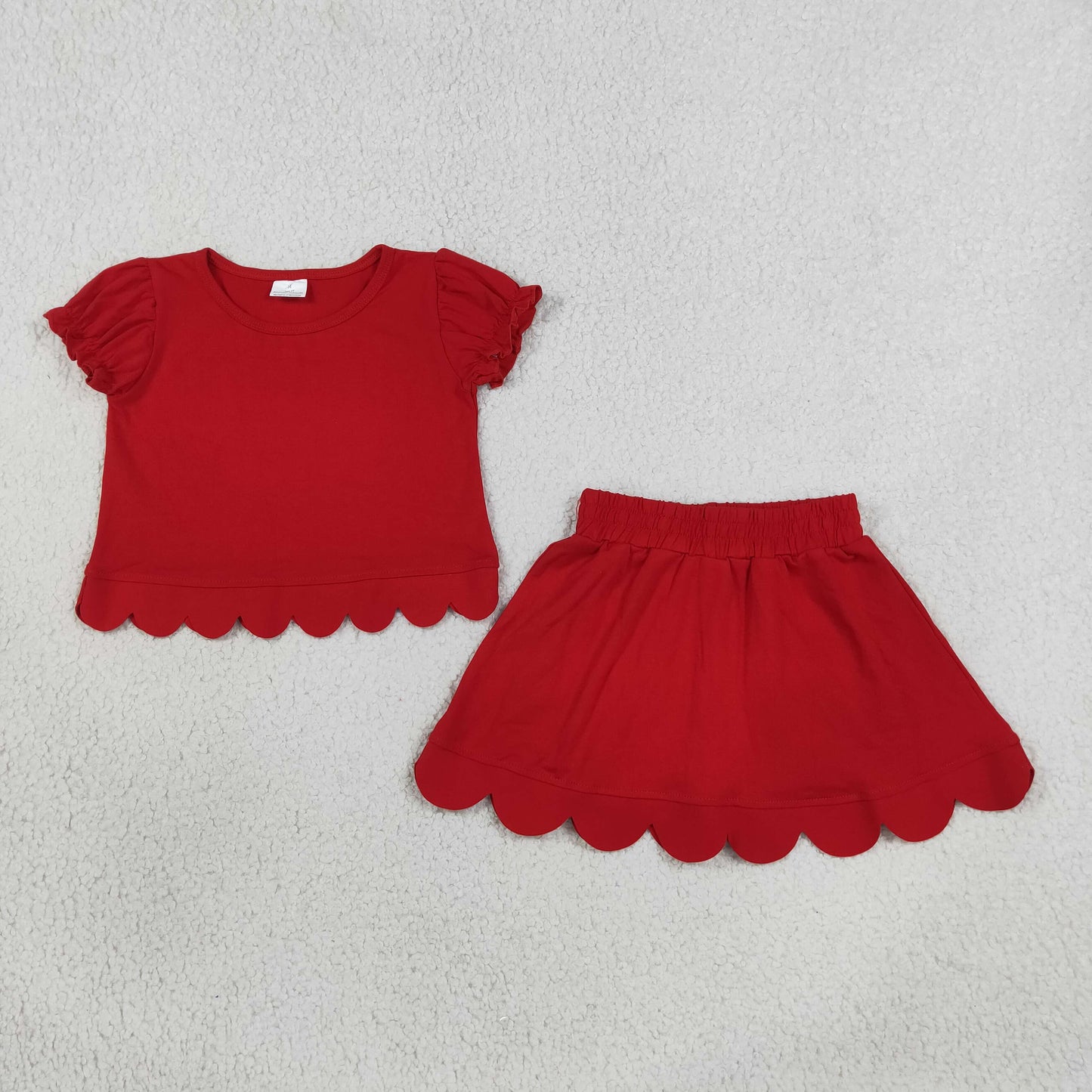 Baby Girls Kids Short Sleeves Shirt Scallop Skirt Shorts Set Red Clothes RTS
