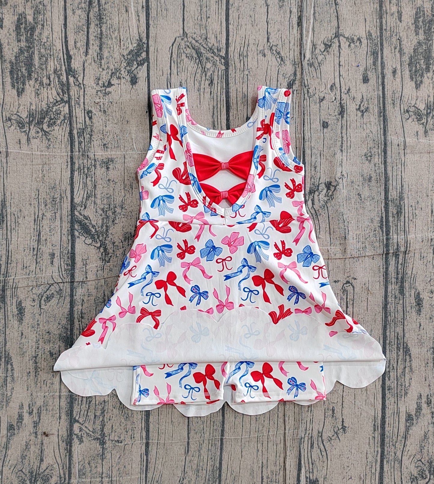 Baby Girls Kids Sleeveless Bows 4th of July Shorts Scallop Knee Length Dress RTS