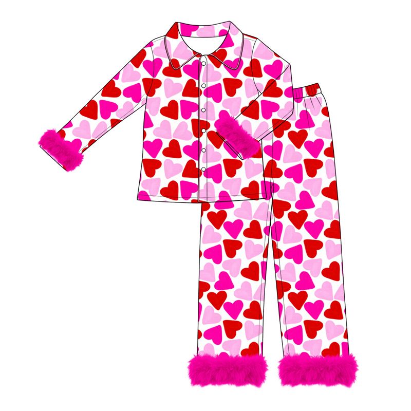 ( Moq 5 ) Preorder Adult Women Long Sleeves Valentine Hearts Buttons Shirt Fur Pants Pajamas Set