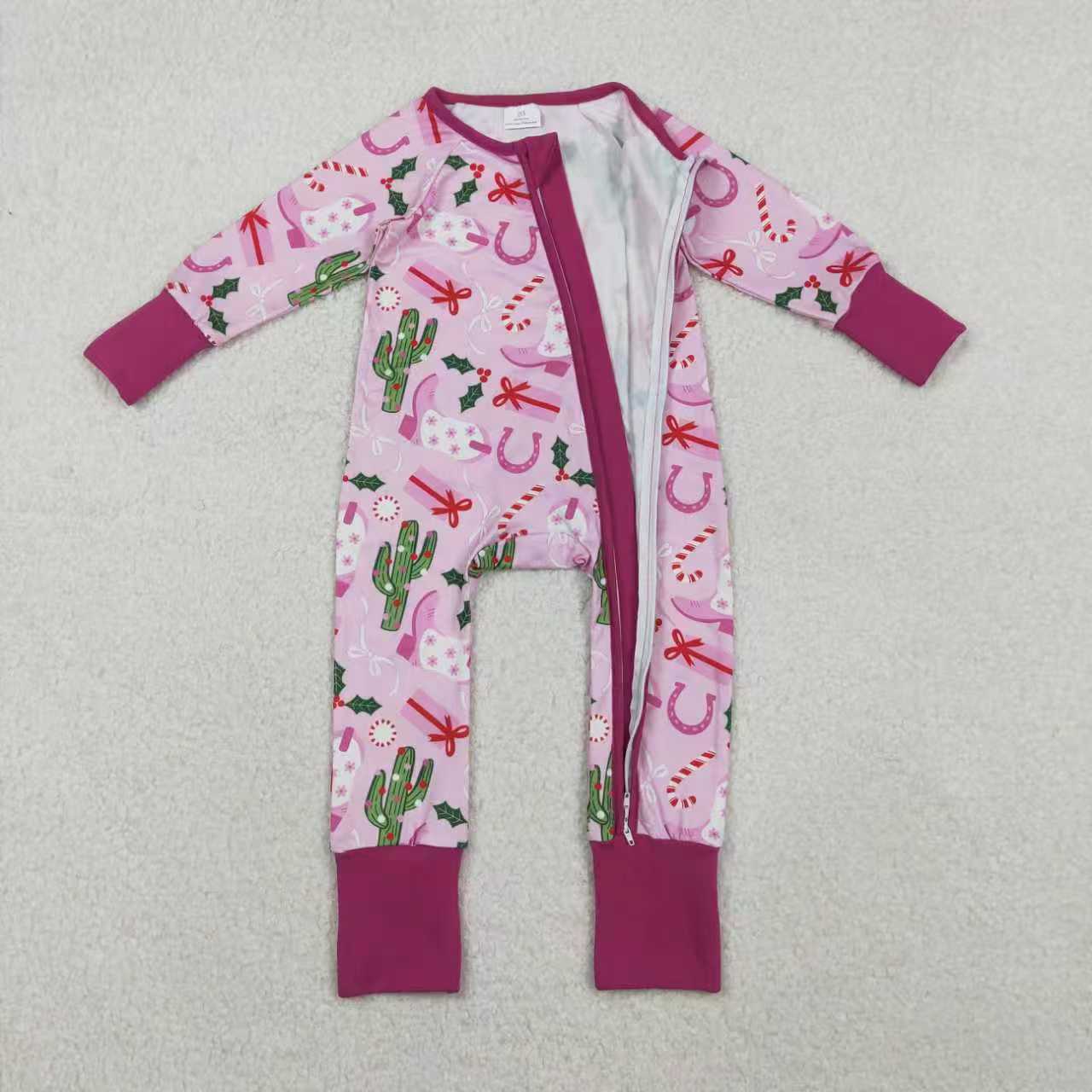 Sibling Baby Girls Long Sleeves Christmas Western Boots Cactus Zipper Romper Pajamas Set RTS