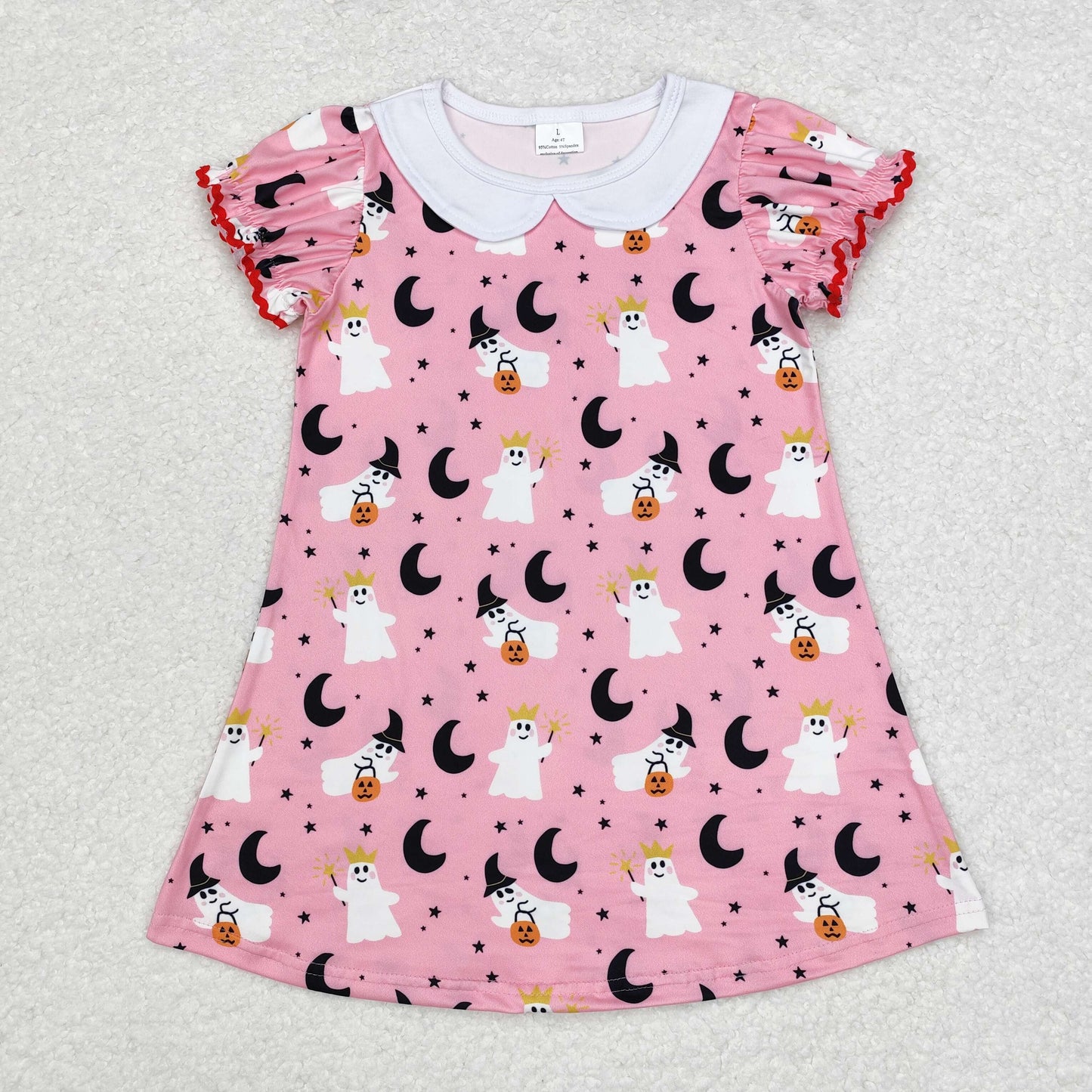 Baby Girl Short Sleeves Halloween Ghost Moon Pink Short Sleeves Dress