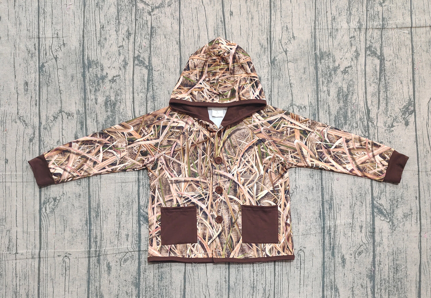 ( No moq ) Preorder Baby Boys Kids Leaves Camo Hoodie Pockets Buttons Shirt Tops