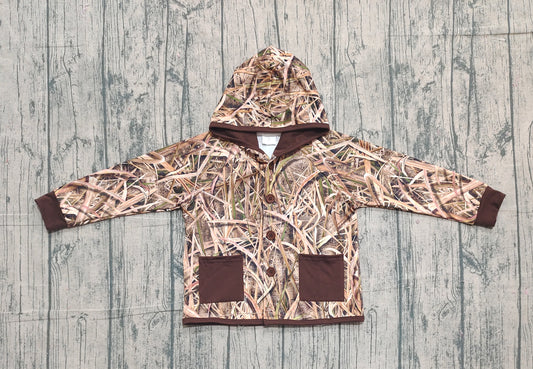 ( No moq ) Preorder Baby Boys Kids Leaves Camo Hoodie Pockets Buttons Shirt Tops