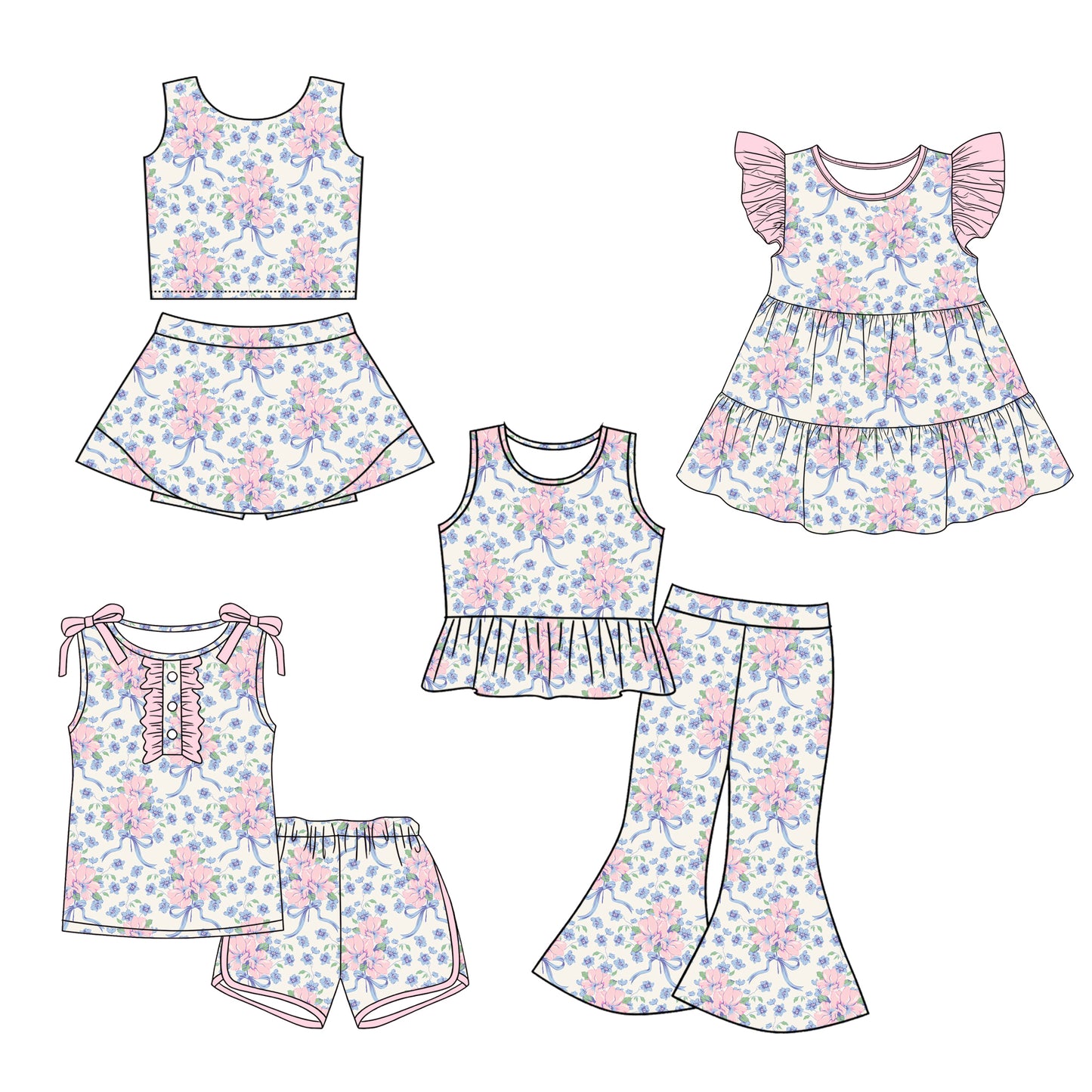 ( Moq 5 Each Style ) Sibling Baby Girls Kids Sleeveless Floral Bows Dress Sets Clothes