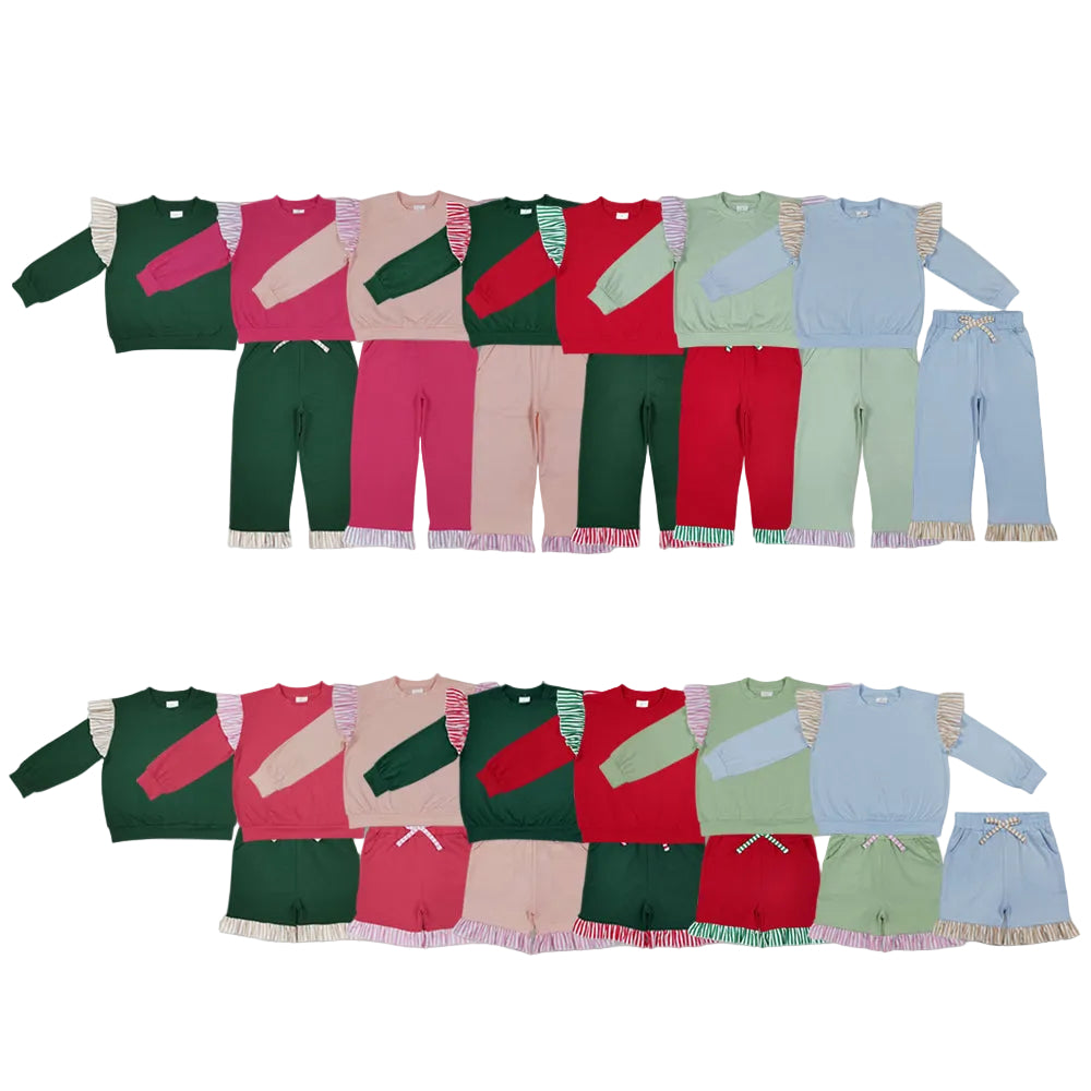 Sibling Baby Girls Long Sleeves Shirts Pockets Shorts Pants Ruffle Sets Cotton Clothes RTS