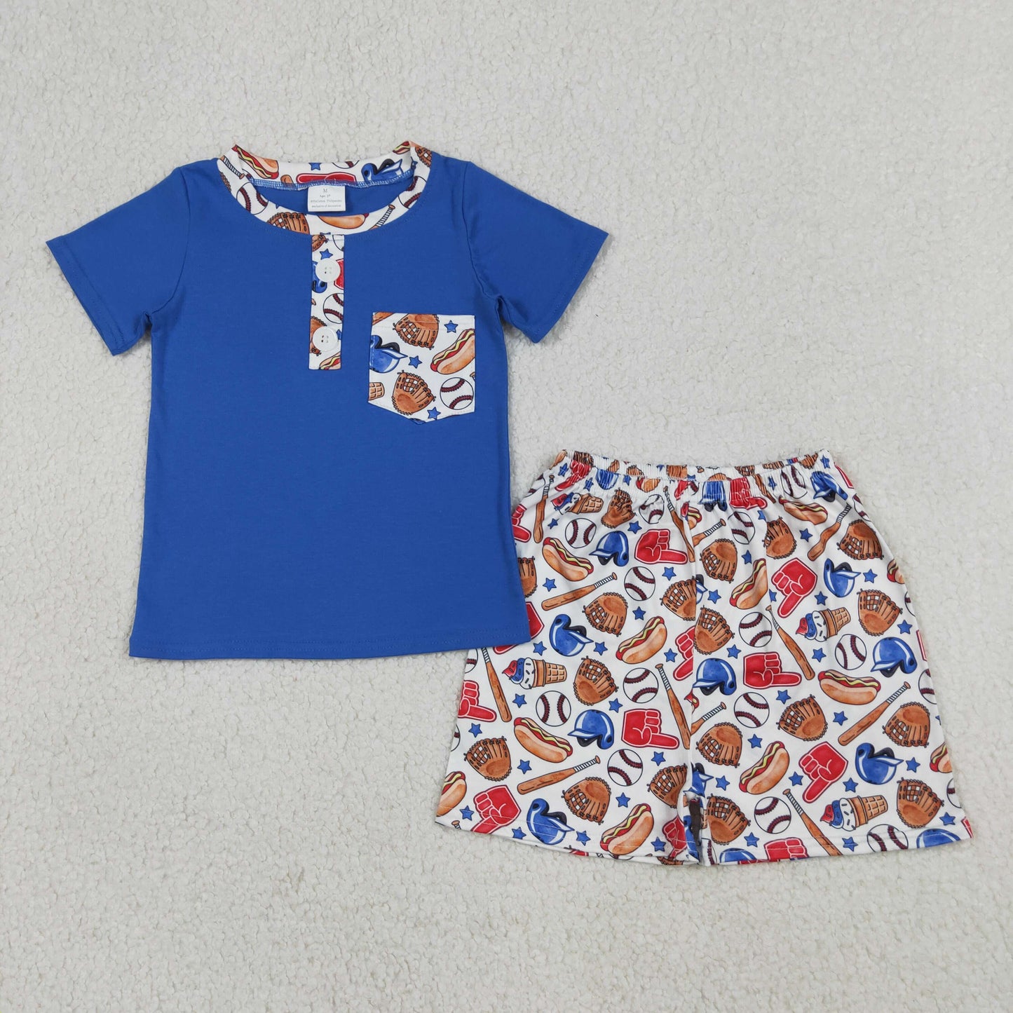 Baby Boys Kids Short Sleeves Pocket Blue Shirt Baseball Shorts Summer Set RTS