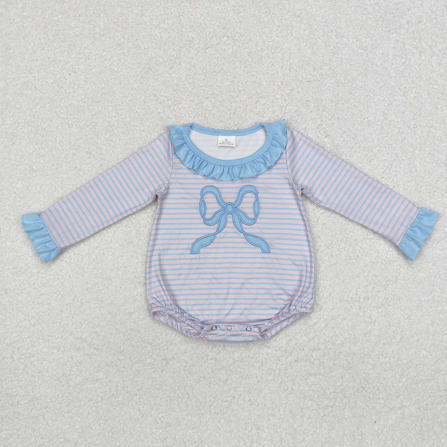 Baby Girl Pink Stripes Embroidery Bow Bubble Romper