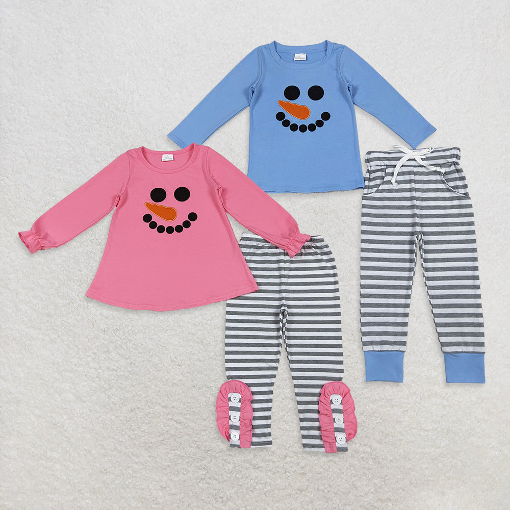 Sibling Boys Girls Kids Embroidery Christmas Snowman Shirt Stripes Pants Outfit RTS