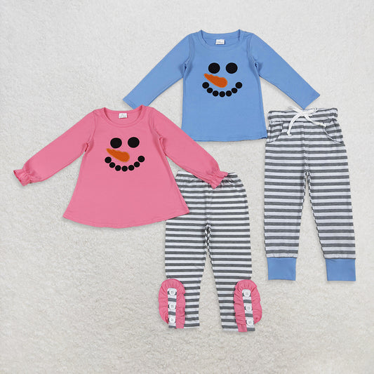 Sibling Boys Girls Kids Embroidery Christmas Snowman Shirt Stripes Pants Outfit RTS