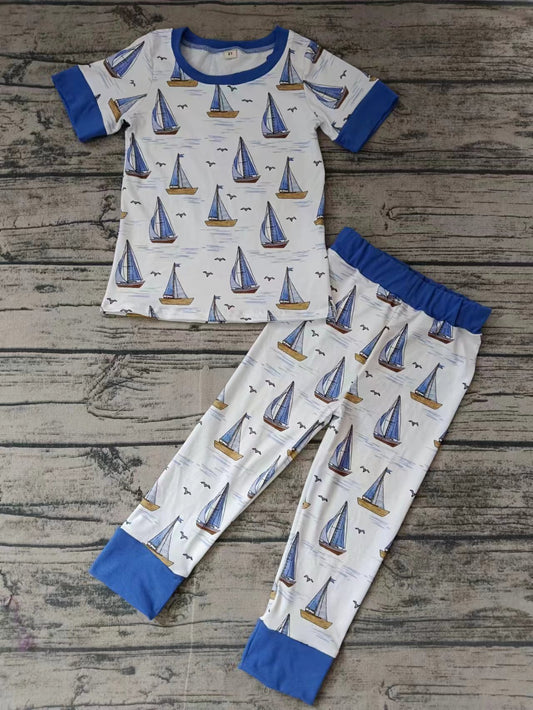 Baby Boy Short Sleeves Boats Shirt Pants Pajamas Blue Set