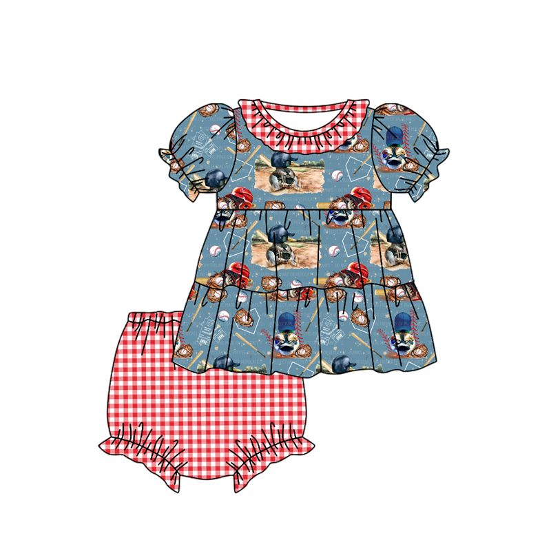 Moq 3 Pre-order GBO0317 Baby Girl Short Sleeves Baseball Tops Plaid Bummies Shorts Summer Set