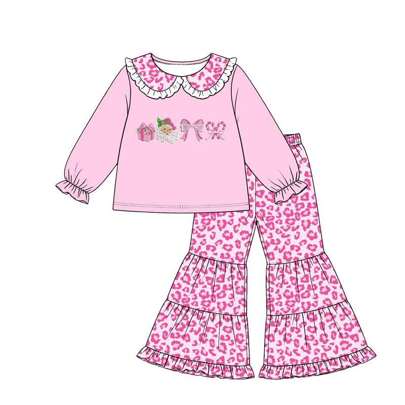 ( Moq 5 ) Preorder Baby Girls Kids Santa Bows Tops Leopard Bell Pants Christmas Set Clothes