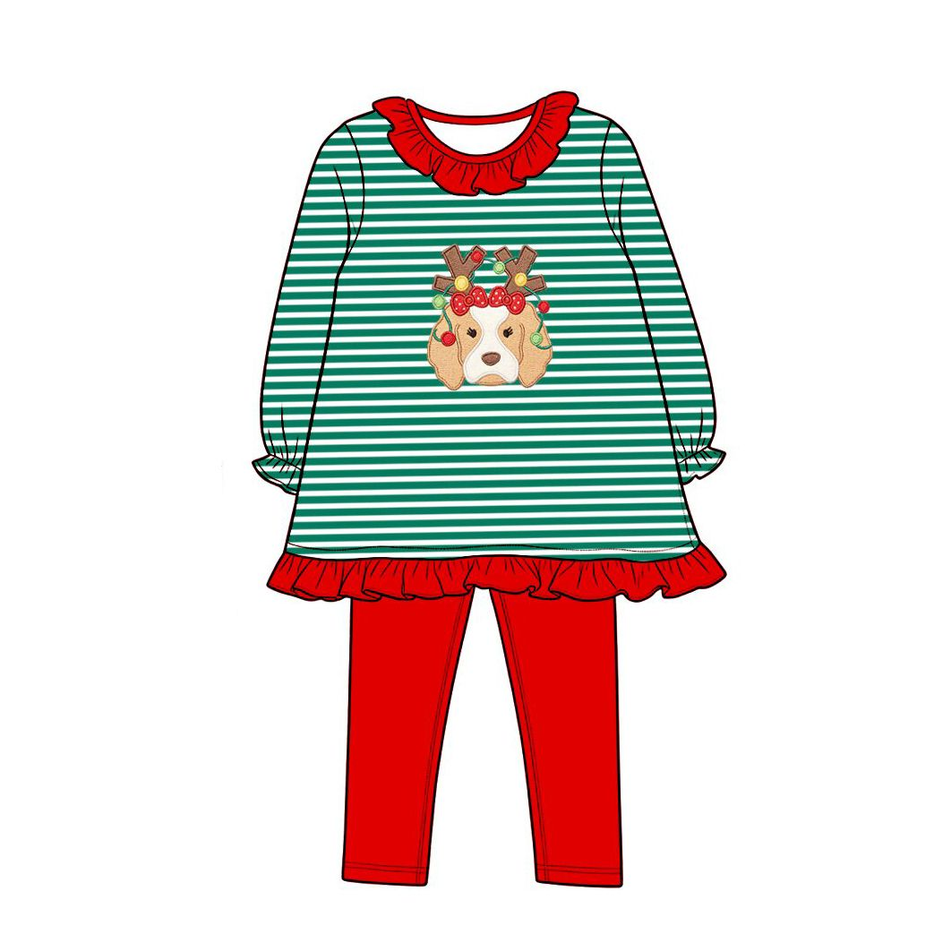 ( Moq 5 ) Preorder Baby Girls Kids Dog Stripes Tunic Red Pants Set Christmas Clothes