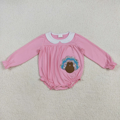 Baby Girl Pink Long Sleeves Embroidery turkey Bubble Thanksgiving Romper RTS