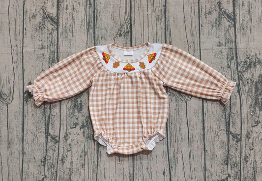 ( No moq ) Preorder Baby Girl Long Sleeves Plaid Smocked Embroidery turkey Leaves Thanksgiving Romper