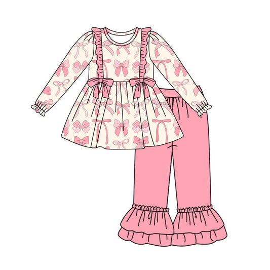 Baby Girl Long Sleeves Bows Tunic Ruffle Pink Pants Clothes Set Moq 5