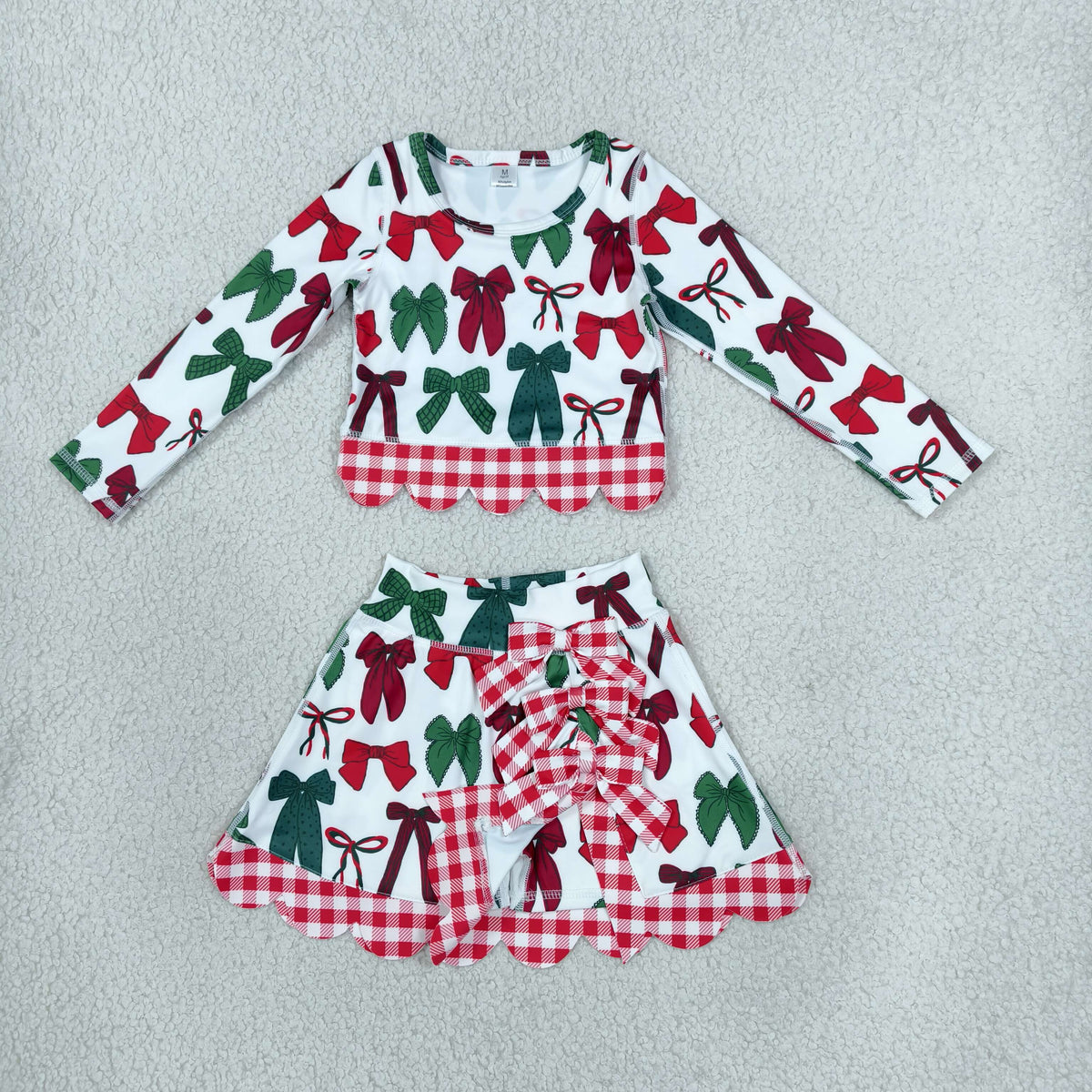 Baby Girls Kids Long Sleeves Christmas Bows Shirt Scallop Skirt Shorts Yoga Active Set Clothes RTS
