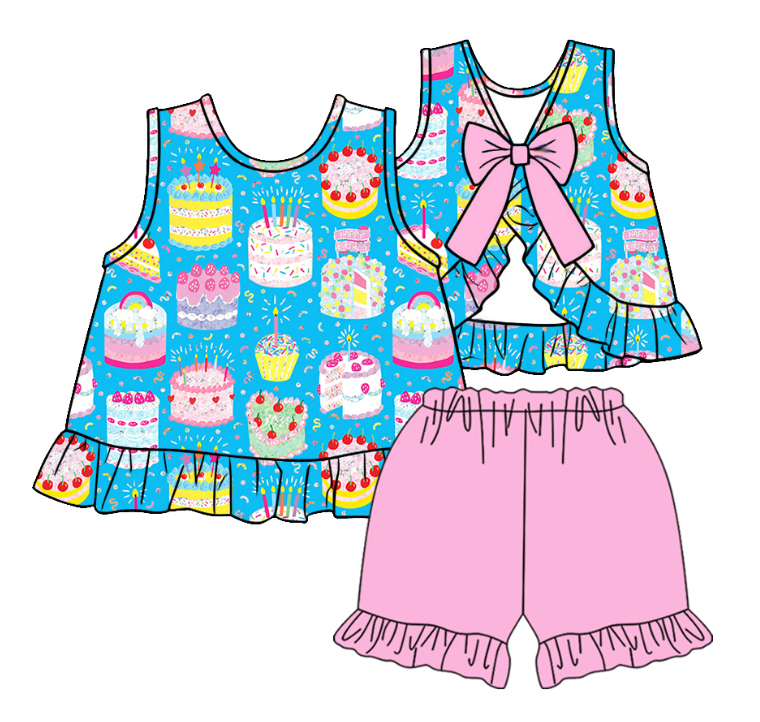 ( Moq 5 ) Baby Girls Toddler Sleeveless Birthday Tops Pink Shorts Summer Set