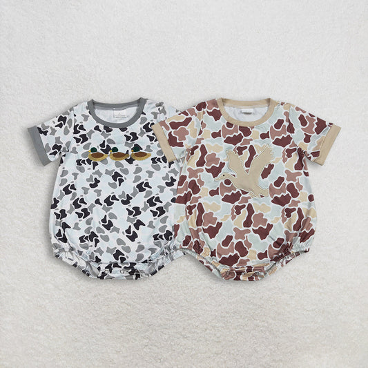 Sibling Baby Boys Short Sleeves Embroidery Ducks Camo Bubble Rompers RTS