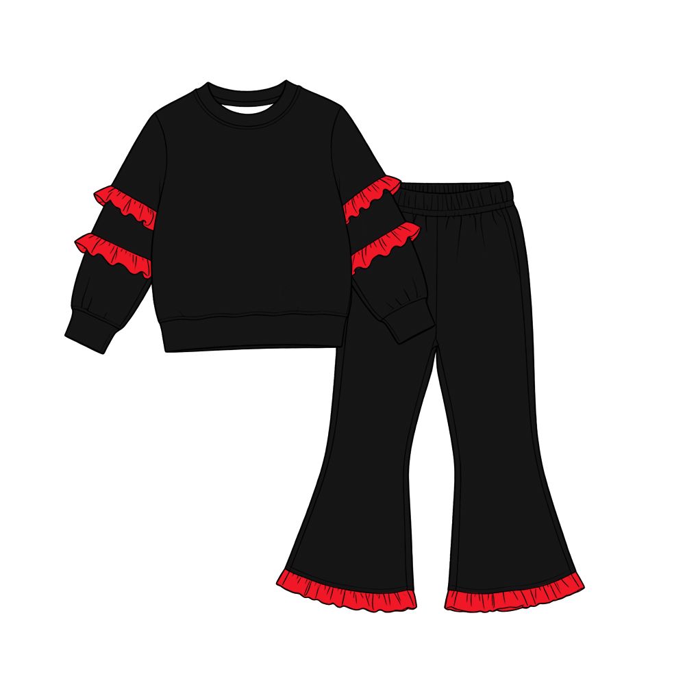 ( Moq 5 ) Preorder Baby Girls Kids Red Ruffle Long Sleeves Shirt Bell Pants Black Set Cotton Clothes