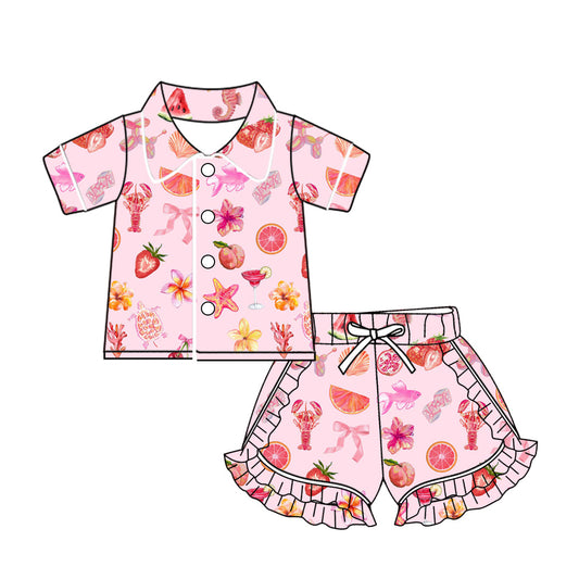 Baby Girl Short Sleeves Crawfish Strawberry Bows Buttons Shirt Shorts Pink Pajamas Set Moq 5