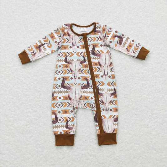 LR0674 Baby Boy Western Cow Aztec Long Sleeves One Piece Romper