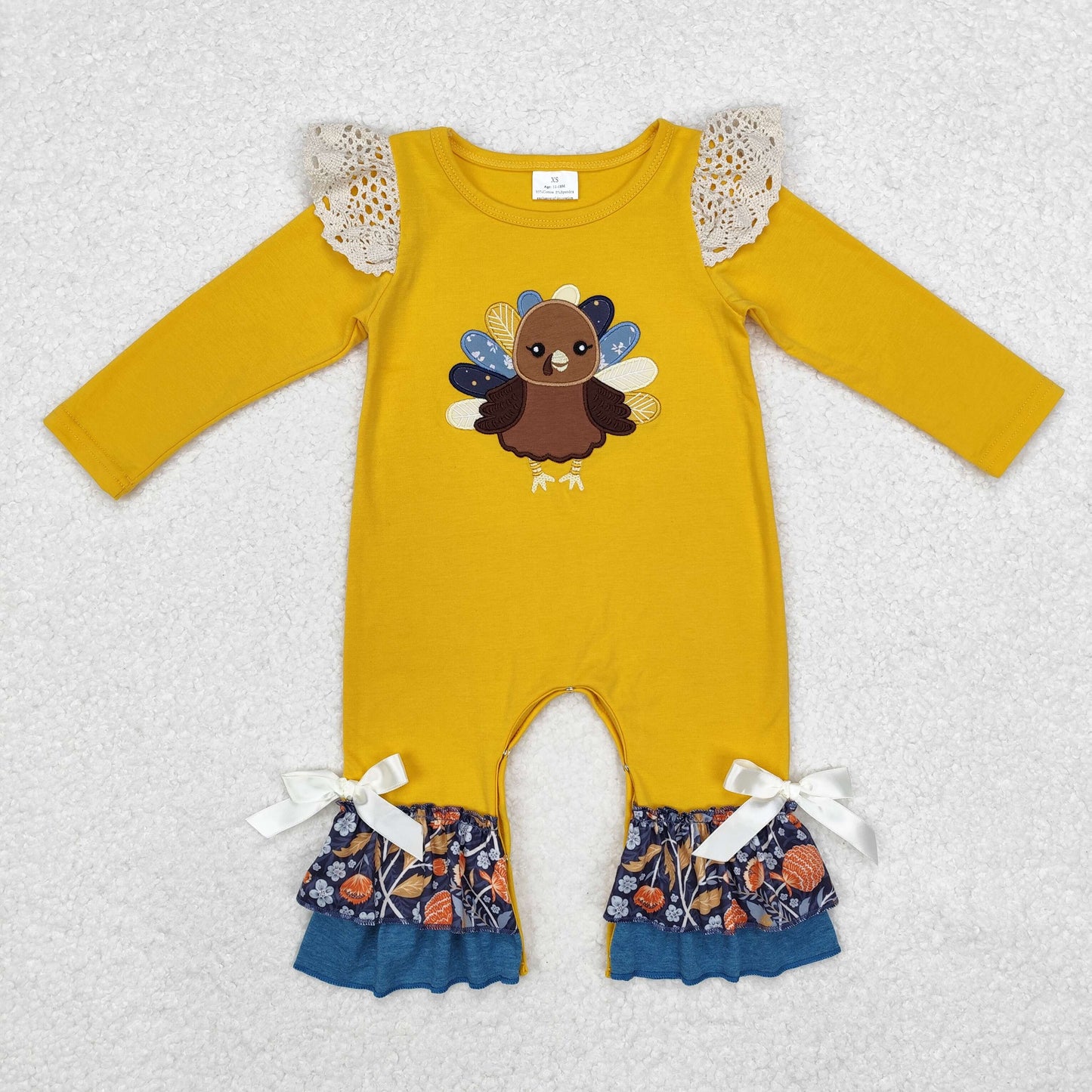 Baby Girl Thanksgiving Embroidery turkey Floral Orange Romper