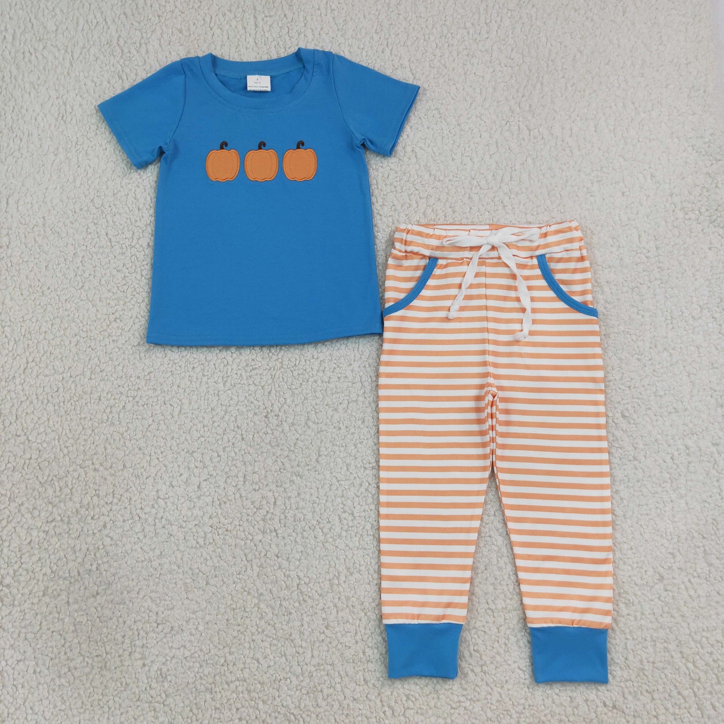 Baby Boys Kids Embroidery Pumpkins Blue Shirt Pockets Stripes Pants Fall Set Clothes RTS