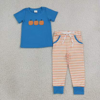 Sibling Baby Boys Kids Embroidery Pumpkins Romper Thanksgiving Set Blue Clothes RTS