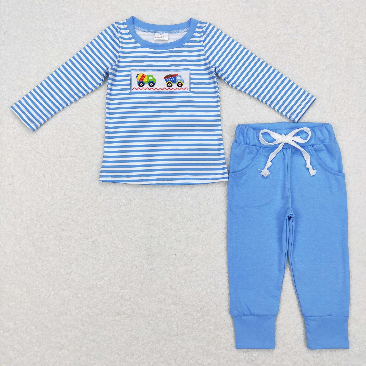 LR0750 Baby Boy Long Sleeves Construction Embroidery Stripes Blue One Piece Romper