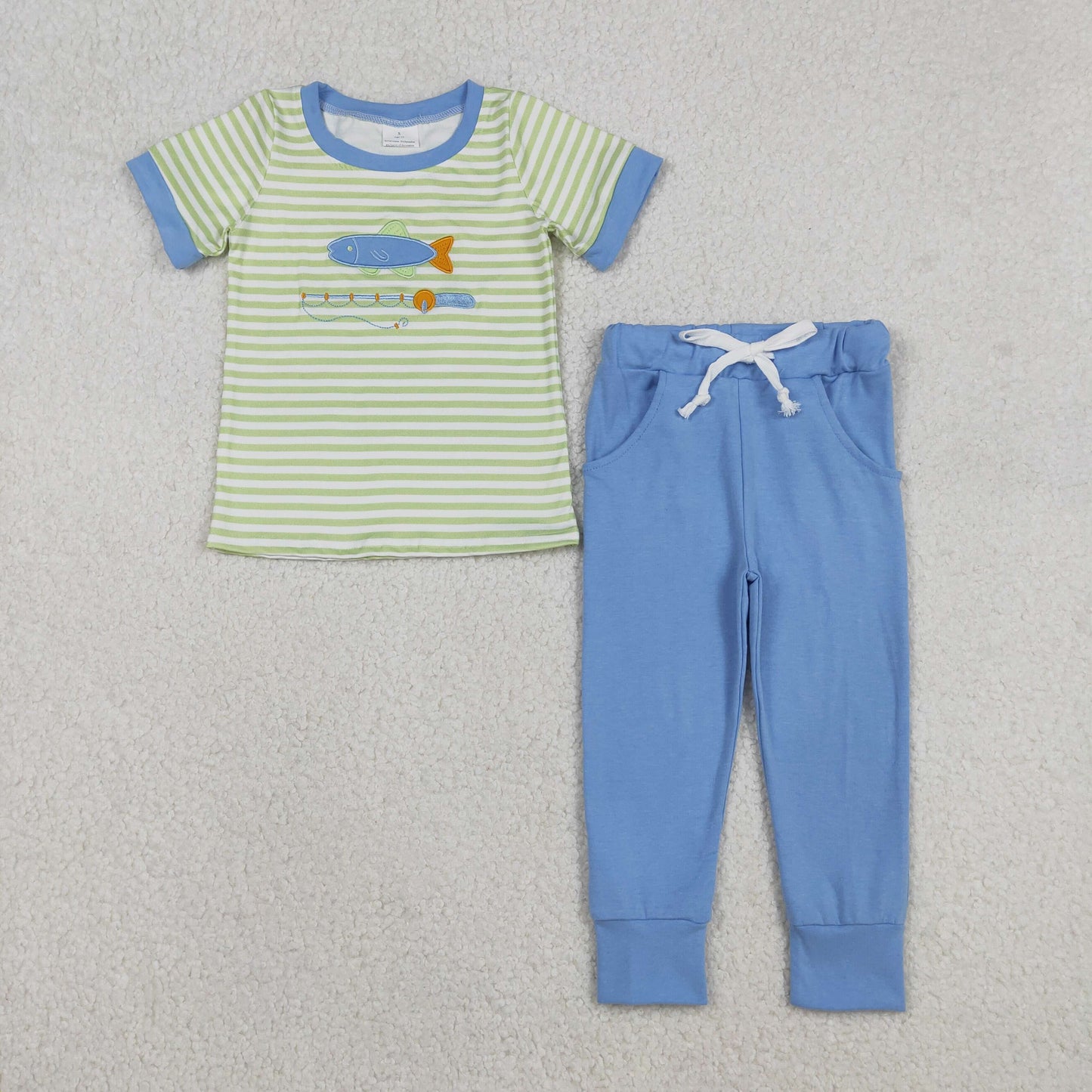 Baby Boys Stripes Short Sleeves Embroidery Fishing Shirt Pockets Blue Pants Set RTS