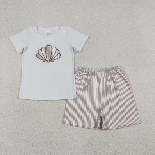 Baby Boys Short Sleeves Embroidery Shell Shirt Stripes Shorts Clothes Set RTS