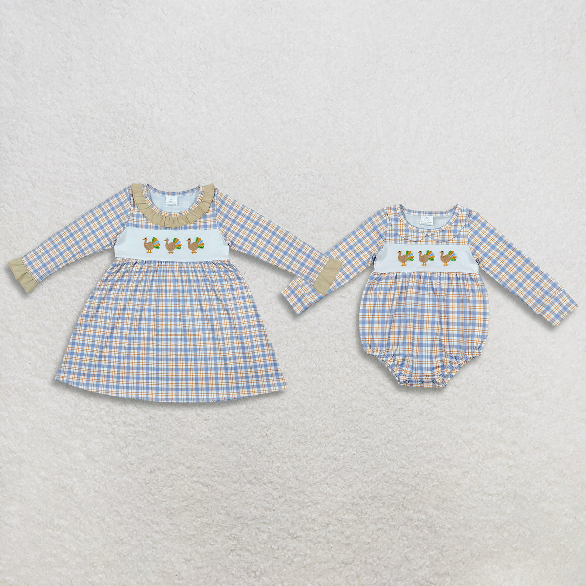 Sibling Baby Girls Kids Embroidery turkey Plaid Thanksgiving Romper Dress Clothes RTS