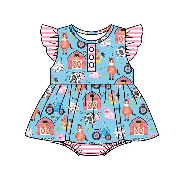 Baby Girl Farm Animals Sibling Romper Dress Clothes Set ( Moq 5 Each Design )