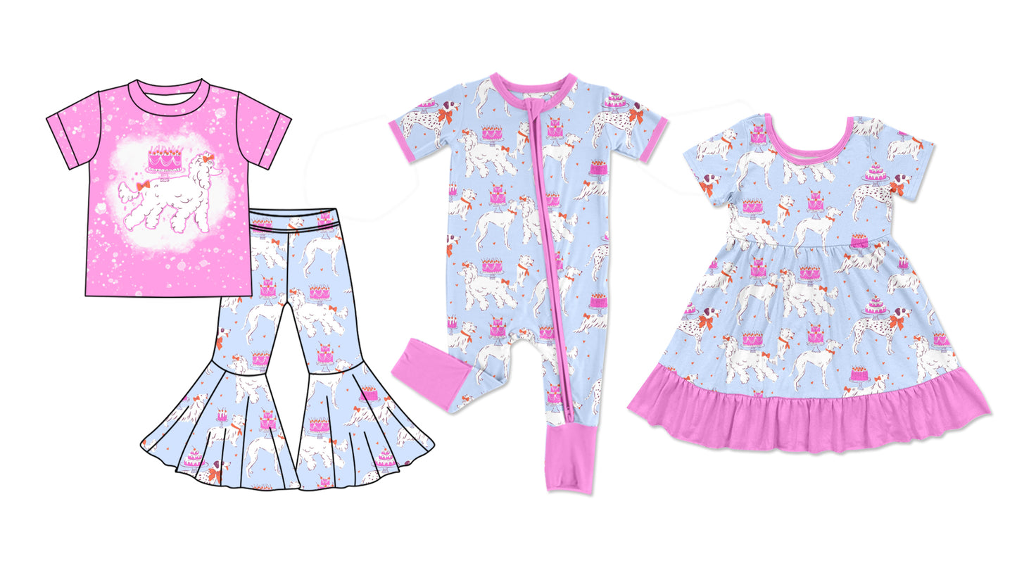 Baby Girl Short Sleeves Dog Birthday Sibling Romper Dress Clothes Set ( Moq 5 Each Design )