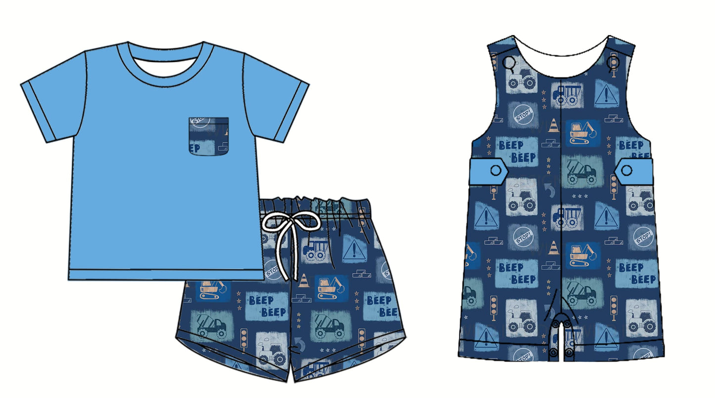( Moq 5 Each Style ) Baby Boy Trucks Sibling Summer Blue Romper Set 3.24