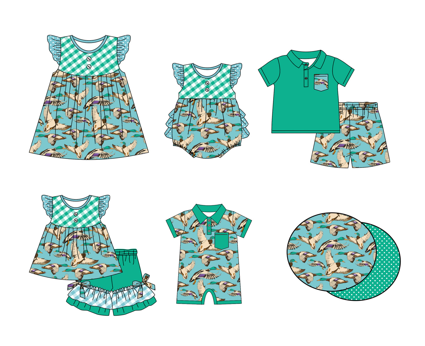 Baby Boy Girl Ducks Plaid Sibling Matching Green Dress Romper Clothes Set ( Moq 5 Each style )