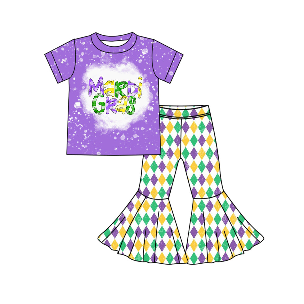 Baby Girl Toddler Purple Short Sleeves Mardi Gras Shirt Bell Pants Set Moq 5