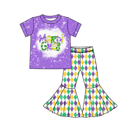 Baby Girl Toddler Purple Short Sleeves Mardi Gras Shirt Bell Pants Set Moq 5