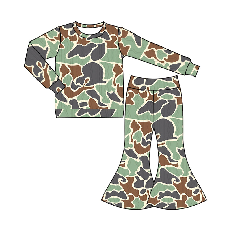 Baby Girl Long Sleeves Green Camo Shirt Bell Pants Set