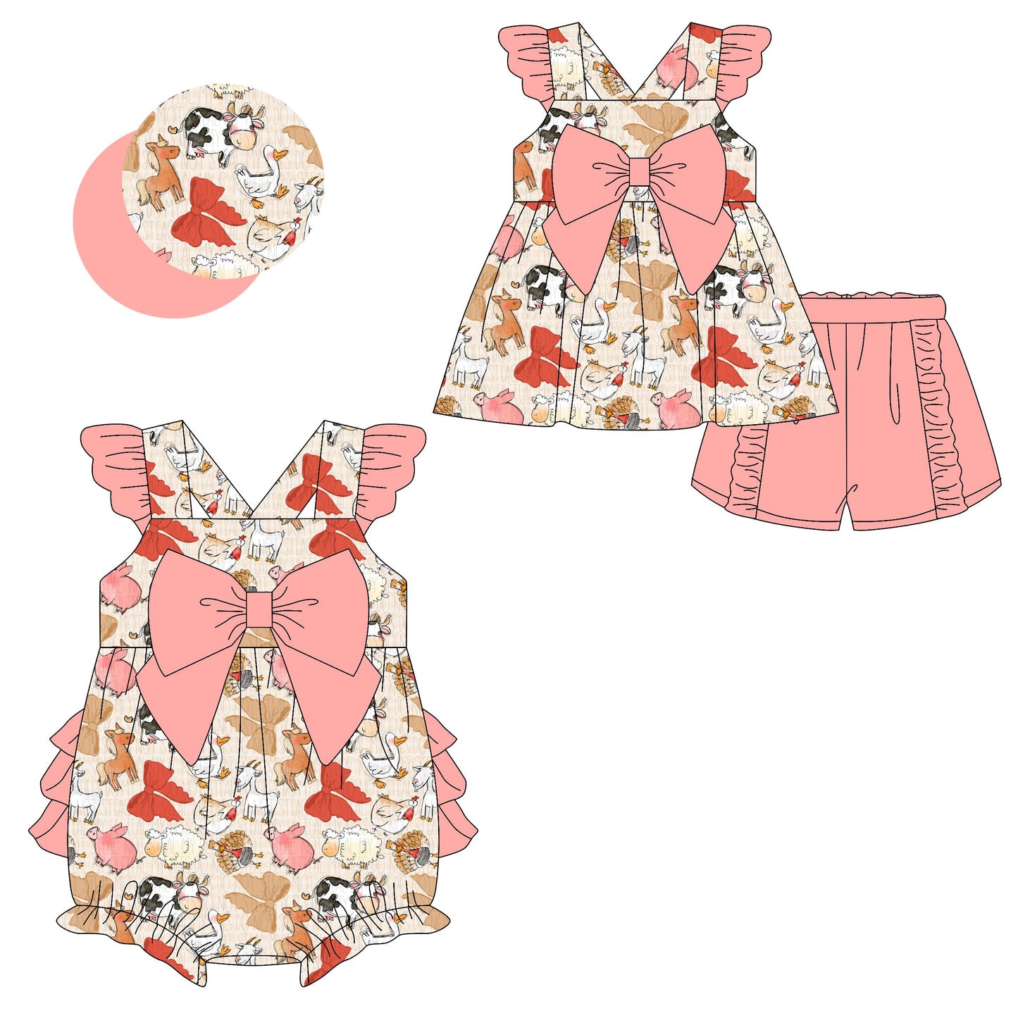 Baby Girl Bows Animals Farm Ruffle Sibling Romper Set ( Moq 5 Each Style ) 2.8