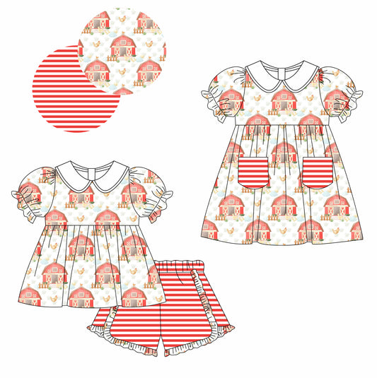 Baby Girl Short Sleeves Farm Chicken Sibling Dress Clothes Set ( Moq 5 Each Design )11.25