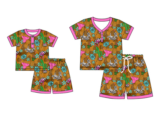( Moq 5 Each Style ) Baby Girl Adult Women Western Cactus Flower Buttons Sibling Summer Mommy And Me Family Pajamas Set 4.21