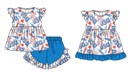( Moq 5 Each Style ) Baby Girls Kids Short Sleeves USA Sibling 4th of July Dress Set