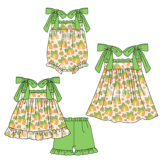Baby Girl Short Sleeves St Patrick Rainbow Bows Sibling Romper Dress Clothes Set ( Moq 5 Each Design )12.3