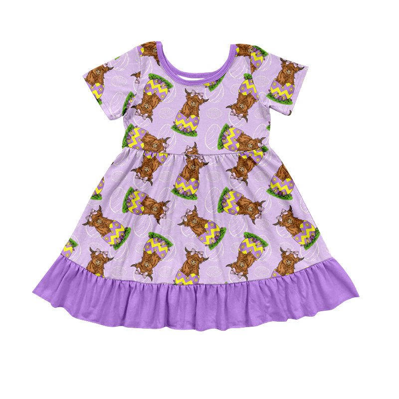 Baby Girl Short Sleeves Cow Egg Easter Knee Length Purple Dress  Moq 5