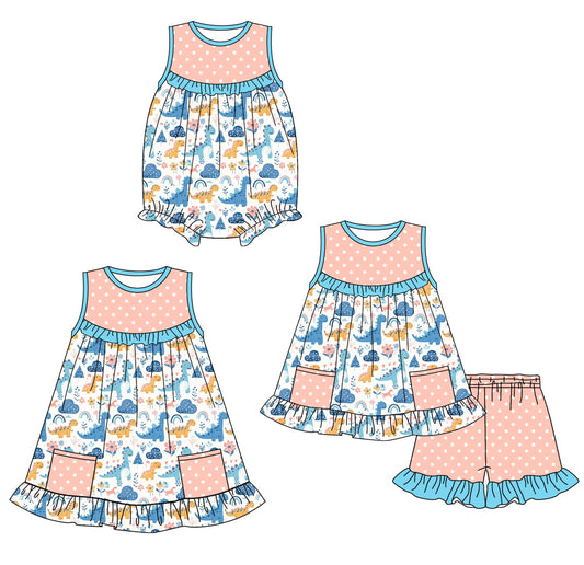 Baby Girl Sleeveless Dinosaurs Sibling Romper Dress Set ( Moq 5 Each Style ) 1.24