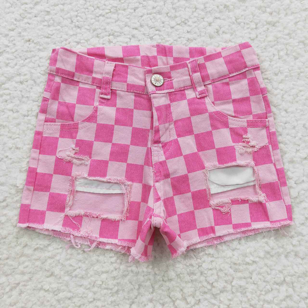 SS0092 Baby Girl Checkered Denim Pink Shorts